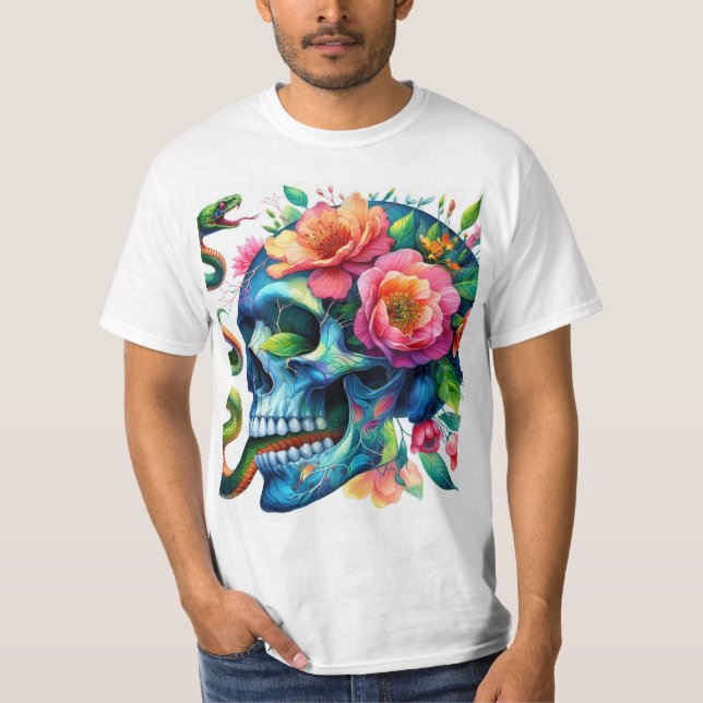 Calavera azul con flores y serpiente, acuarela t shirt (Framsida)