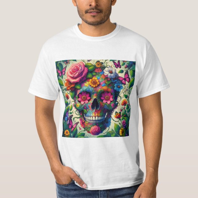 Calavera Azul Floral: Estilo Vibrante T Shirt (Framsida)