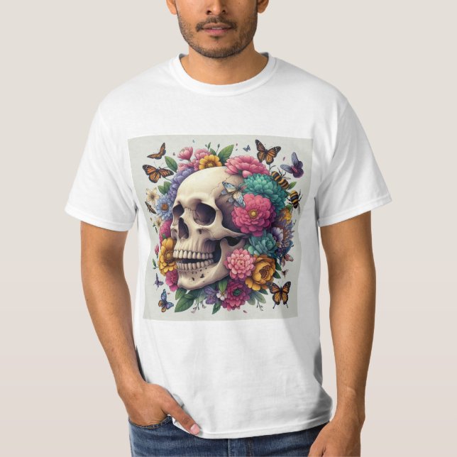Calavera Floral: Belleza y Muerte T Shirt (Framsida)
