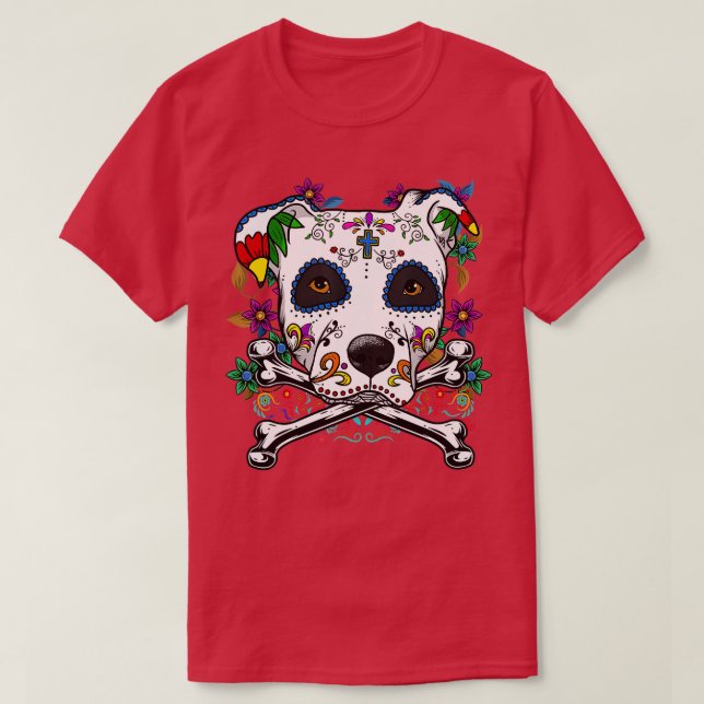 Calavera Pitbull Terrier Hund Dia de Muertos Hallo T Shirt (Design framsida)