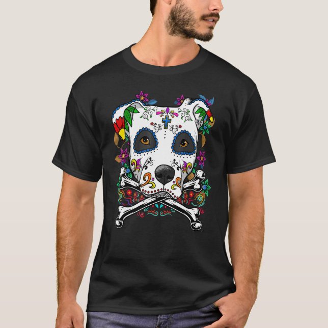 Calavera Pitbull Terrier Hund Dia de Muertos Hallo T Shirt (Framsida)