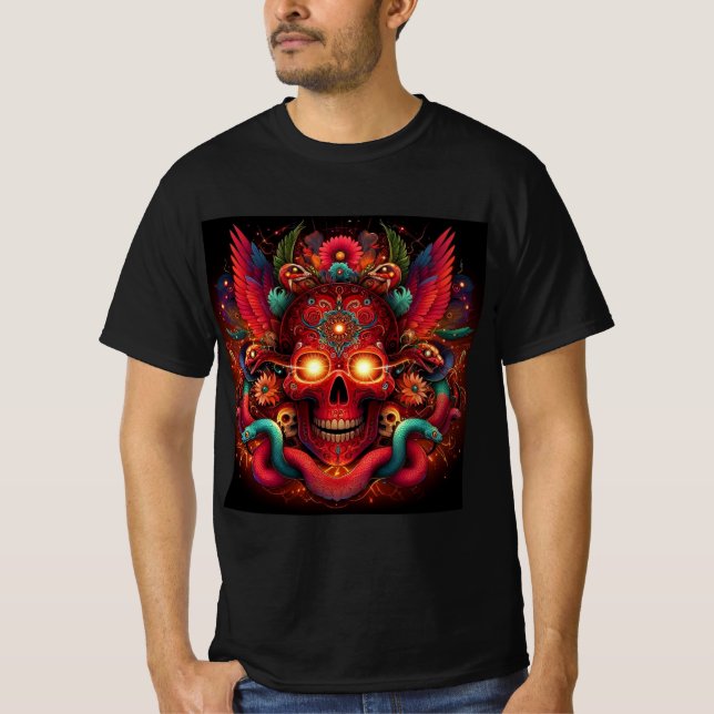 Calavera Roja con Serpientes y Flores Místicas T Shirt (Framsida)
