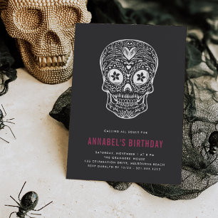Calavera Skull Dia de los Muertos Födelsedagsfest Inbjudningar