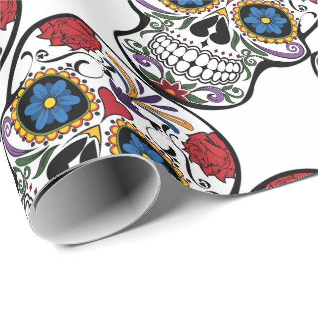 Calavera Sugar Skull Funny Blommigt Rött vitt blåt Presentpapper (Rullad Hörn)