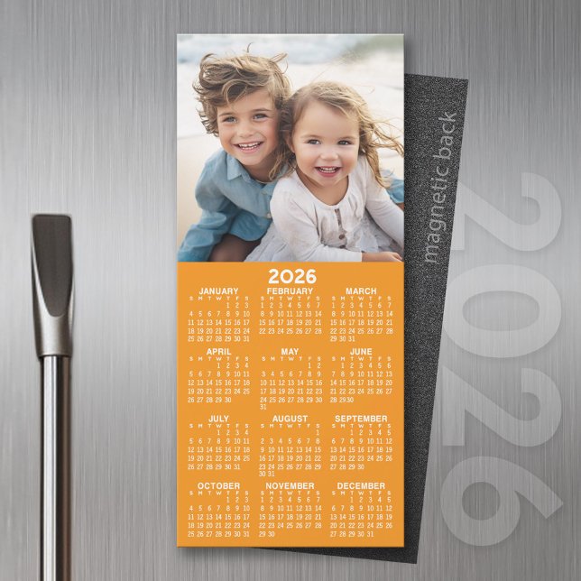 Calendar 1 Photo Collage - Kan redigera orange (2026 Calendar Magnet for the Fridge or Home Office - Add a Photo for a Personal Touch)