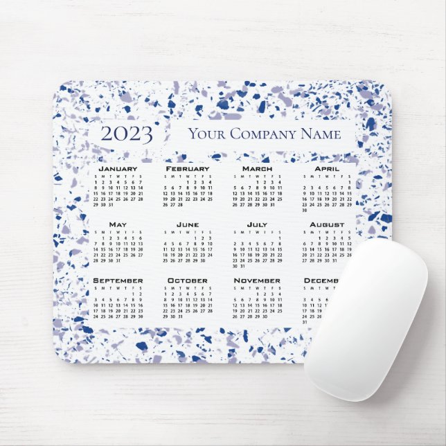 Calendar 2023 Blue White Grått Terrazzo Anpassning Musmatta (Med mus)