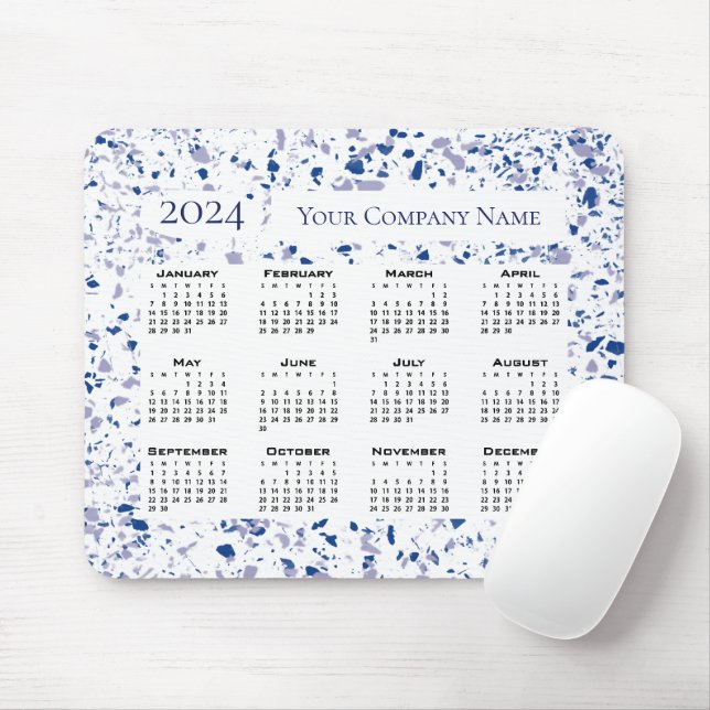Calendar 2024 Blue White Grått Terrazzo Anpassning Musmatta (Med mus)