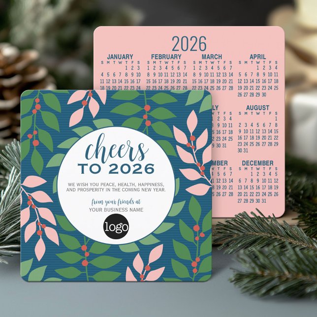 Calendar Business Hälsning med Logotyp - Cheers Julkort (2026 Calendar on a Modern Business Holiday Card)