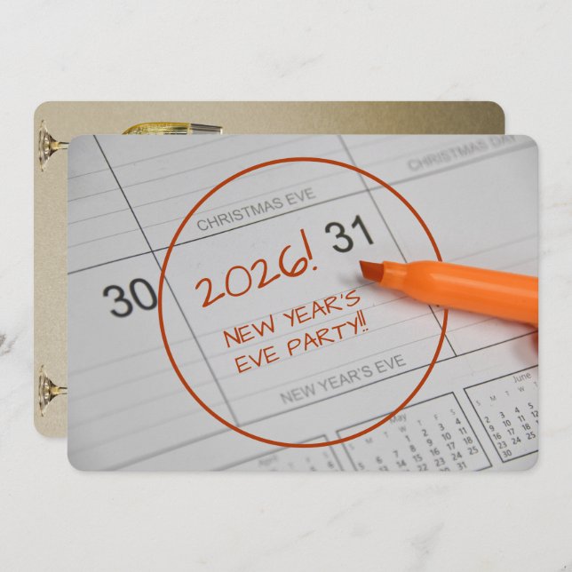 Calendar & Champagne Nyårsafton Party Inbjudningar (Fram/baksida)