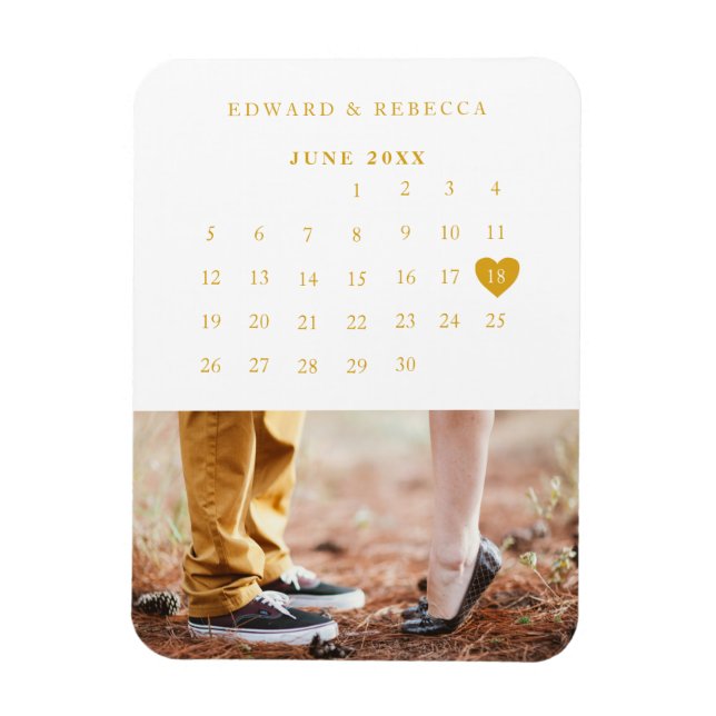 Calendar Elegant Guld Photo Bröllop spara datum Magnet (Vertikal)