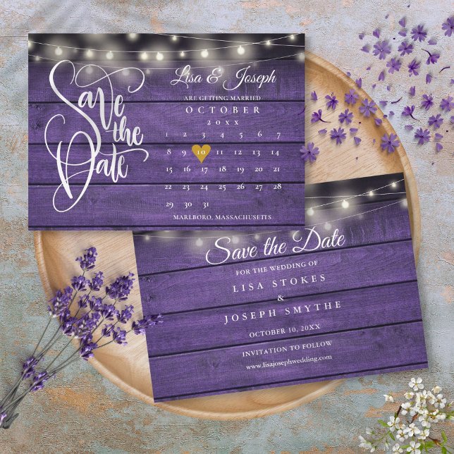 Calendar Guld Heart Rustic Lila Wood Bröllop Spara Datumet (Calendar Gold Heart Rustic Purple Wood Wedding Save The Date)