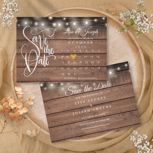 Calendar Guld Heart Rustic Wood Bröllop Spara Datumet (Calendar Gold Heart Rustic Wood Wedding Save The Date)