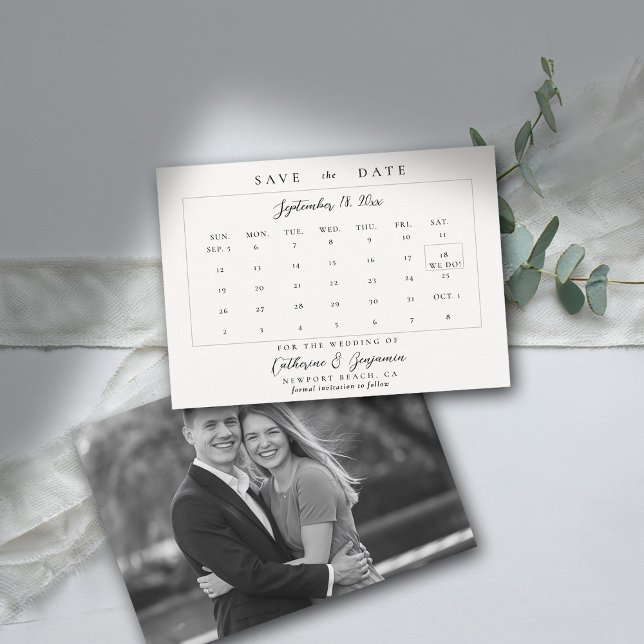 Calendar Modern Calligraphy Elegant Photo Bröllop Spara Datumet (wedding calendar save the date modern minimalist calligraphy black white photo template)