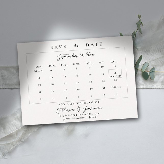 Calendar Modern Simple Calligraphy Elegant bröllop Spara Datumet (wedding calendar save the date modern minimalist calligraphy black white)