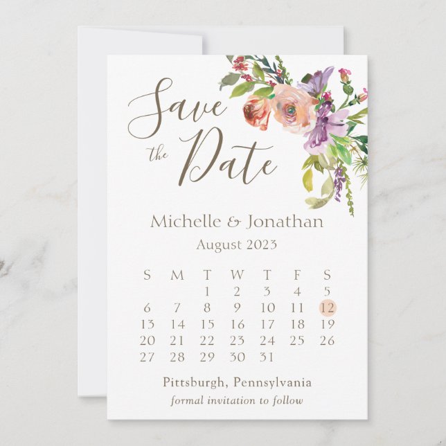 Calendar Sage Grönt Boho Blommigt Flowers Bröllop Spara Datumet (Framsida)