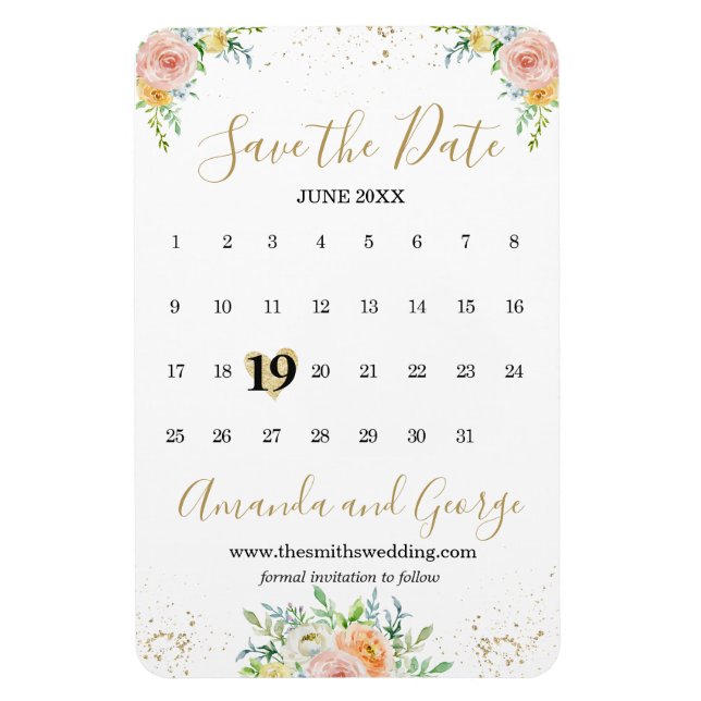 Calendar Spara datum magneter blommor och guld (Vertikal)
