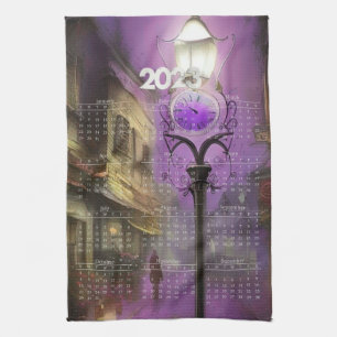 Calendar Towel - London Street klocka Lamp Lila Kökshandduk