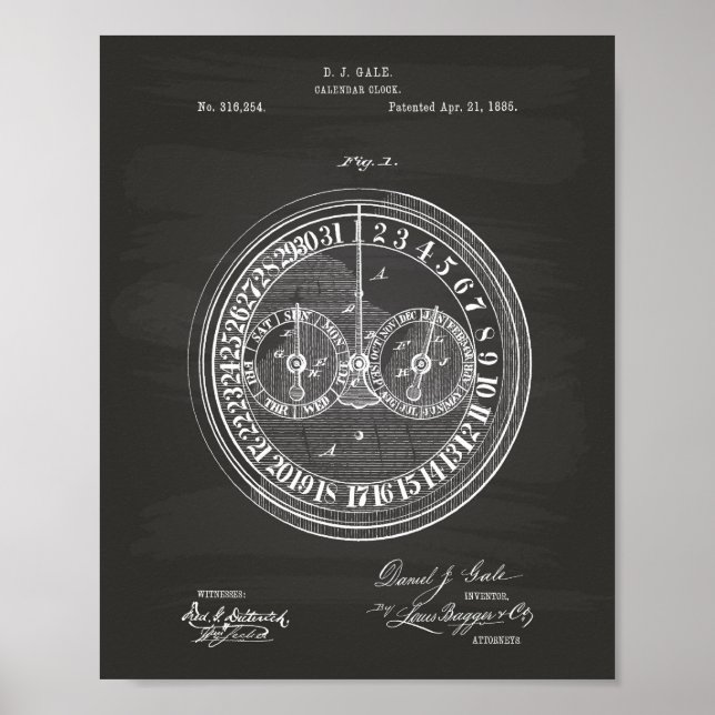 Calender Clock 1885 Patent Art Chalkboard Poster (Framsidan)