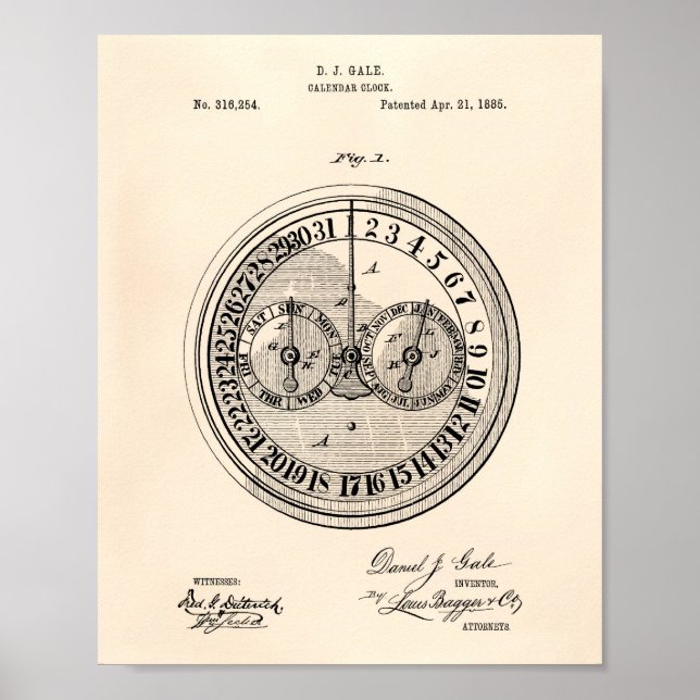 Calender Clock 1885 Patent Art Old Peper Poster (Framsidan)