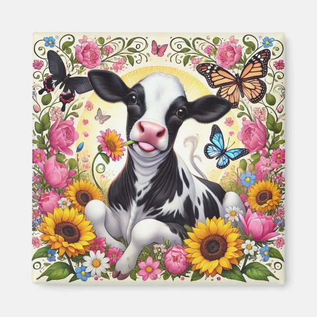 Calf i en Vibrant Blommigt och Butterfly Wonderlan Magnet (Framsidan)
