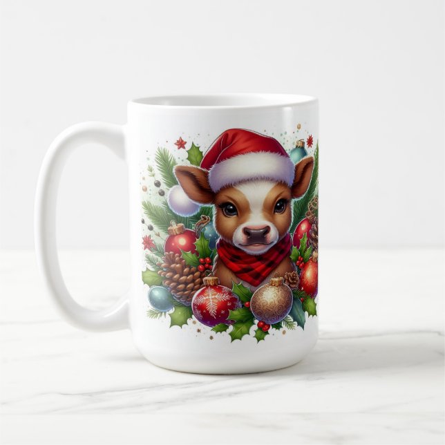 Calf i Santa Hat med Juldekorationer Kaffemugg (Vänster)