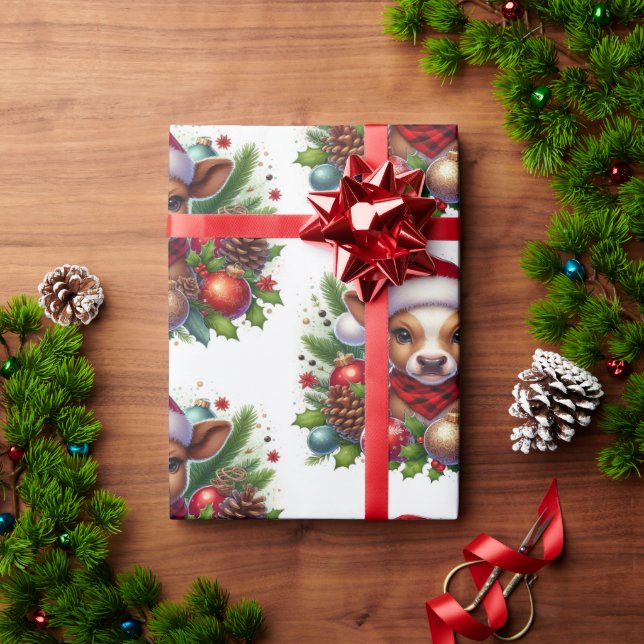 Calf i Santa Hat, omgiven av julprydnad Presentpapper (Julgåva)