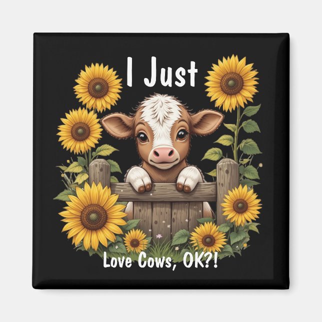 Calf söker över stängsel omgiven av solblommor magnet (Framsidan)