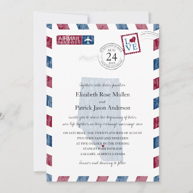 Calgary Alberta Canada Airmail bröllopsinbjudan Inbjudningar (Framsida)