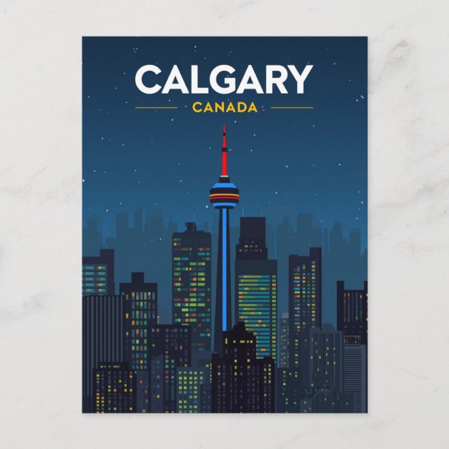 Calgary Tower Siluett Retro Natt Vykort (Framsida)