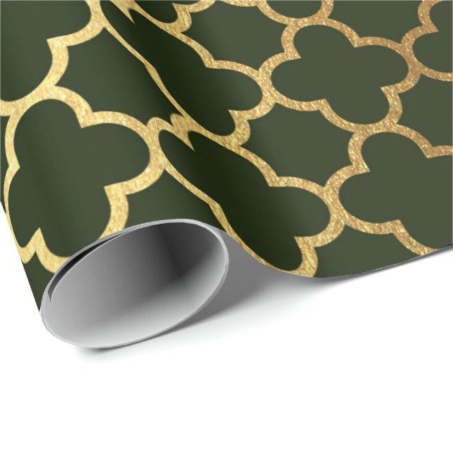 Cali Woodland Grönt Guld Quatrefoil Art Deco Net Presentpapper (Rullad Hörn)