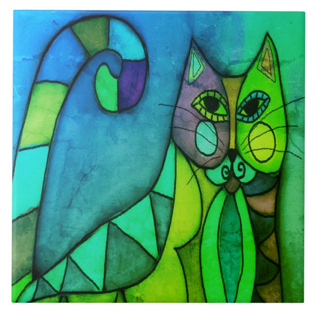 Calico Cat Abstrakt Digital Painting Kakelplatta (Framsidan)