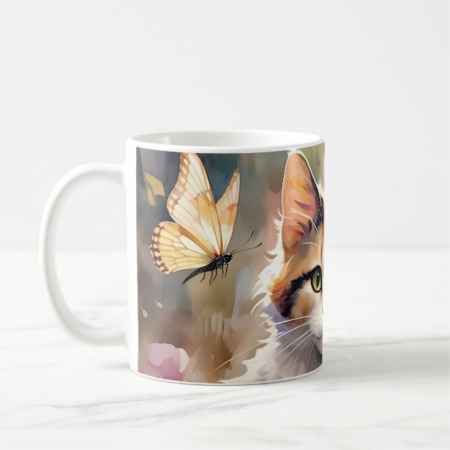 Calico Cat and Butterflies in Vår Garden Kaffemugg (Vänster)