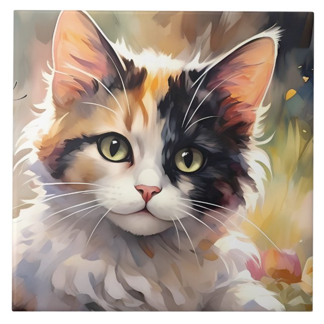 Calico Cat and Butterflies in Vår Garden Kakelplatta (Framsidan)