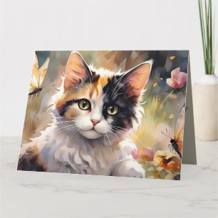 Calico Cat and Butterflies in Vår Garden Kort