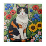 Calico Cat and Folk Art Sunflowers Kakelplatta<br><div class="desc">A cute calico cat standing in red poppies,  blue iris and yellow sunflowers done n a pretty folk art style.</div>