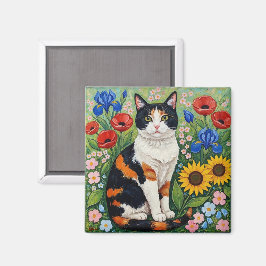 Calico Cat and Folk Art Sunflowers Magnet