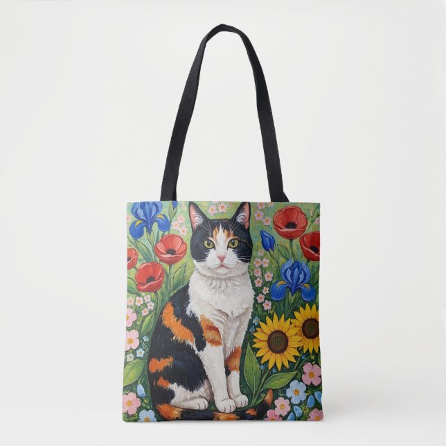 Calico Cat and Folk Art Sunflowers Tygkasse (Framsida)
