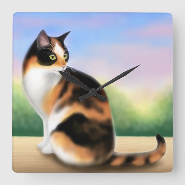 Calico Cat at the Sunset Wall Clock Fyrkantig Klocka (Framsida)