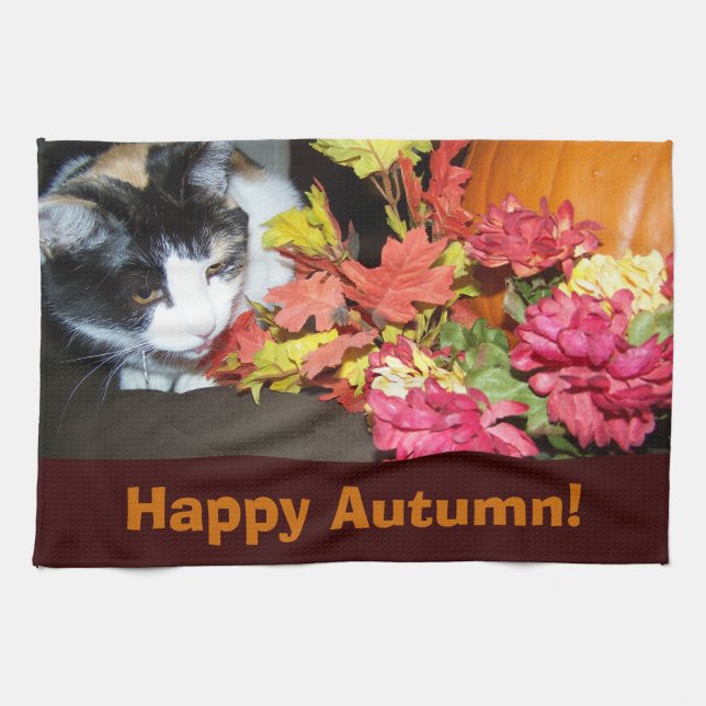 Calico Cat Autumn Höst löv Towel Kökshandduk (Horisontell)