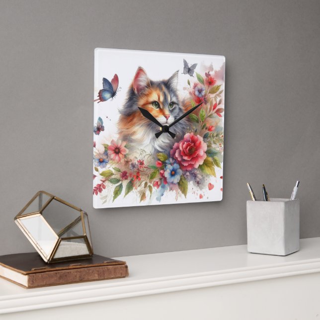 Calico Cat Blommigt Wall Clock Fyrkantig Klocka (Kontor)