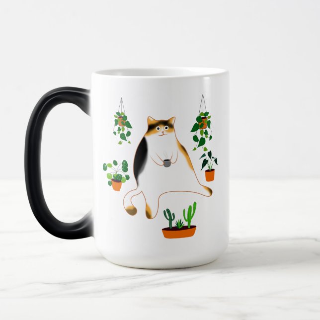 Calico Cat Drinking Cofee Mugg, Calico Cat Gift  Magisk Mugg (Vänster)