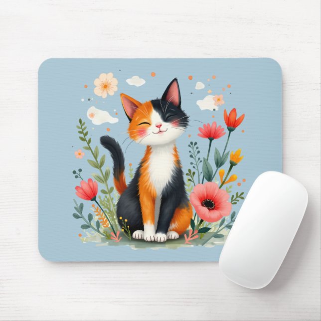 Calico Cat för leende i Blooming Garden Musmatta (Med mus)