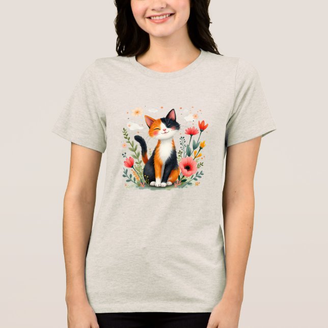 Calico Cat för leende i Blooming Garden T Shirt (Framsida)
