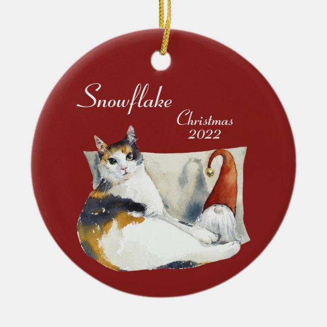 Calico Cat Gnome-jultemat vattenfärg Cerami Julgransprydnad Keramik (Framsidan)