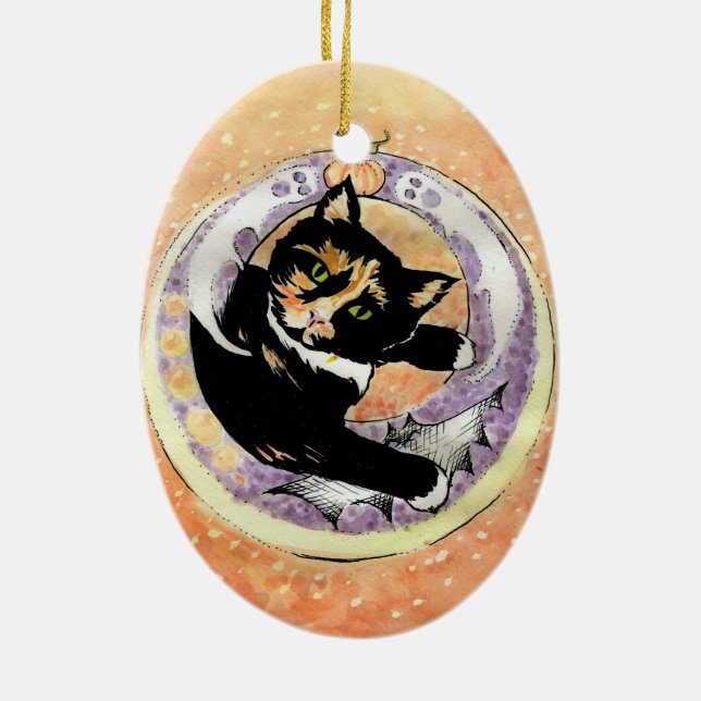 Calico Cat Halloween Julgransprydnad Keramik (Baksidan)