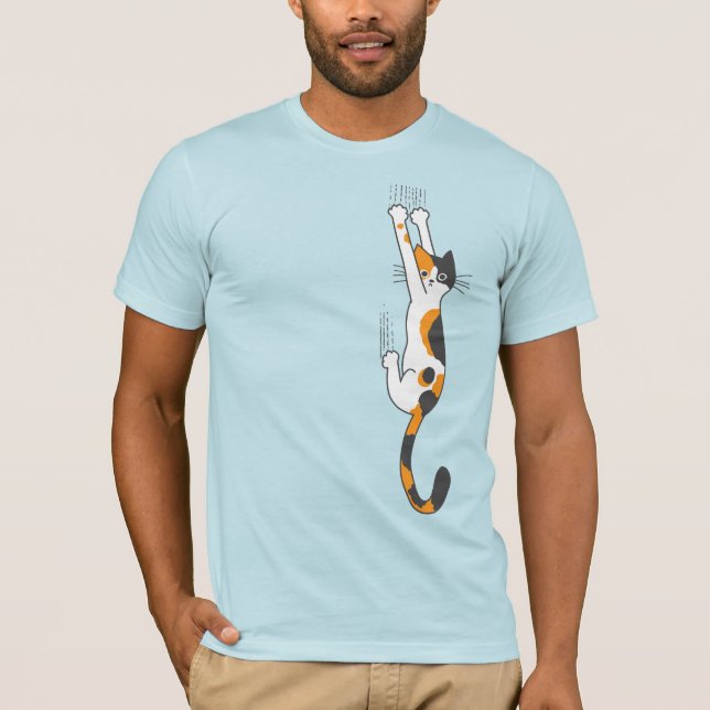 Calico Cat Hanging On Funny Cat Lover's T Shirt (Framsida)