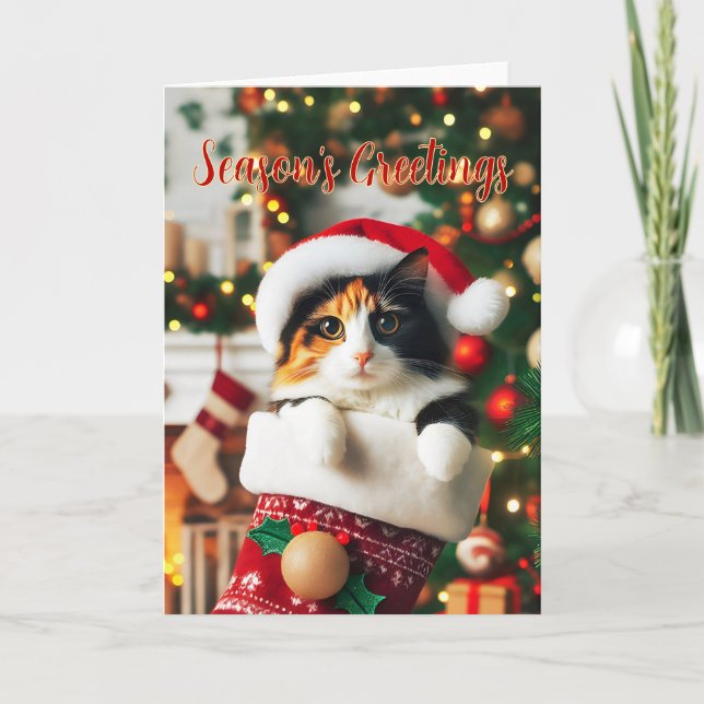 Calico Cat i ett julklapp Helgkort (Framsida)