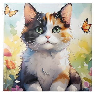 Calico Cat i Vår Garden med Butterflies Kakelplatta