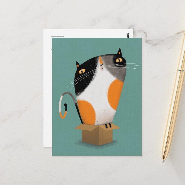 Calico cat in box vykort (Fram/Back In Situ)