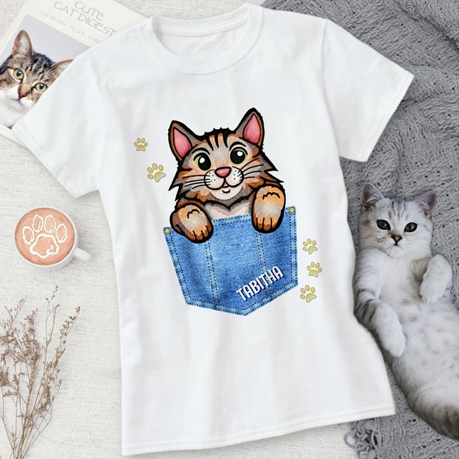 Calico Cat in Faux Denim Pocket med eget namn T Shirt (Skapare uppladdad)